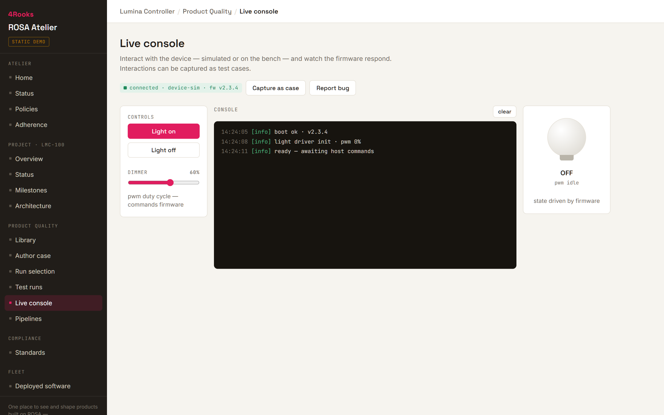 ROSA, live device console with capture-as-test-case