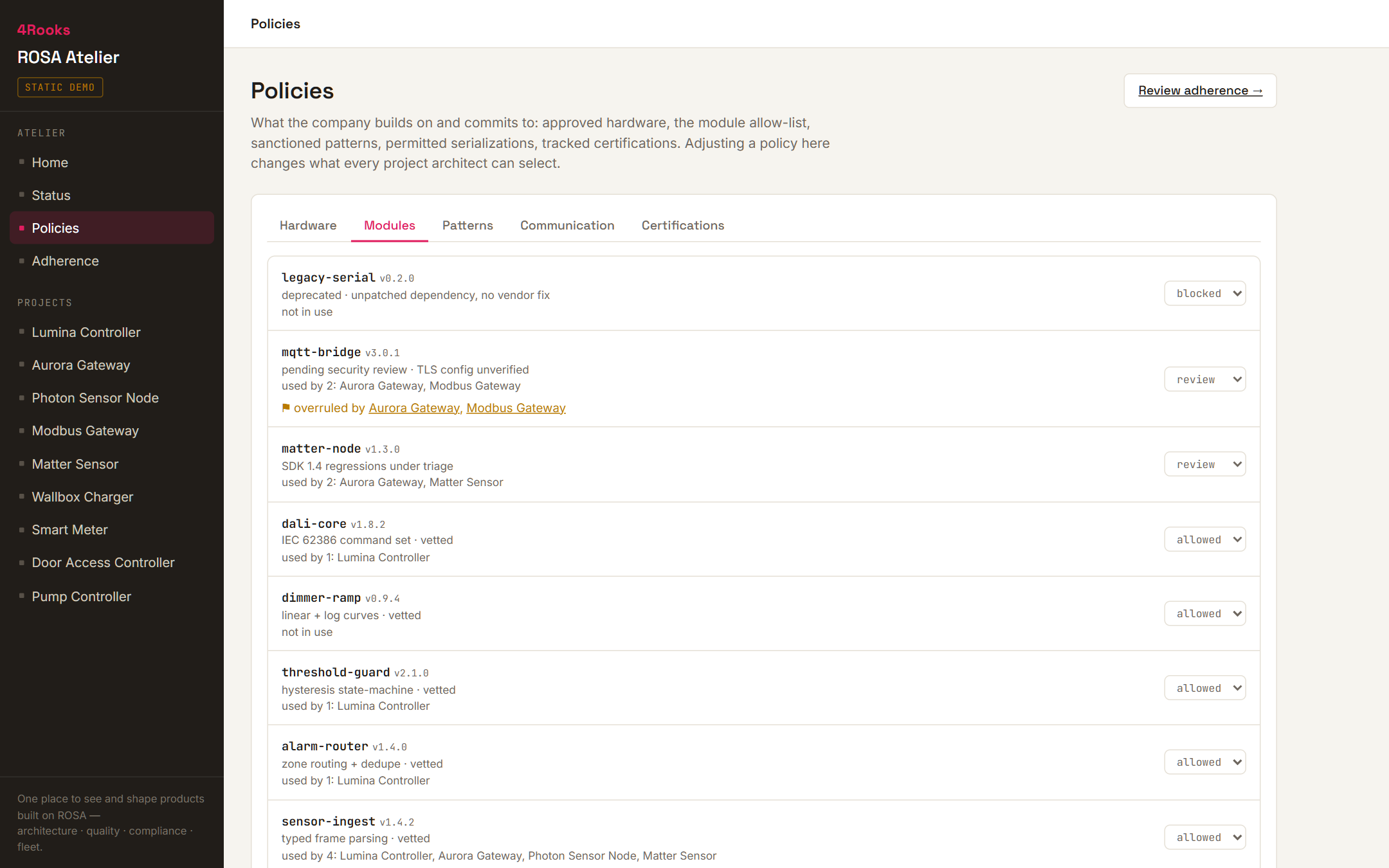 ROSA, module policies: the catalog and allow-list