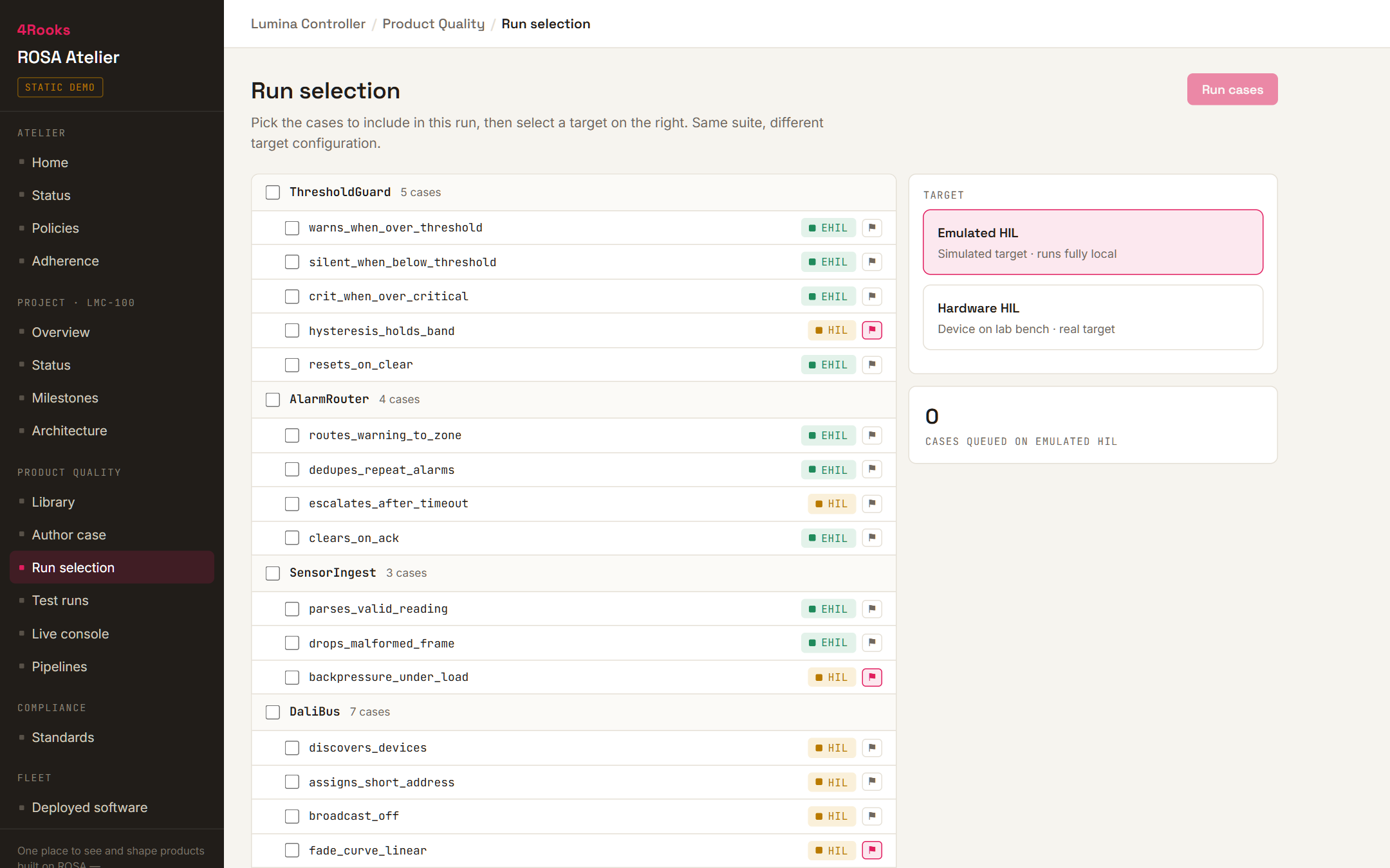 ROSA, test case selection with emulated and hardware HIL targets